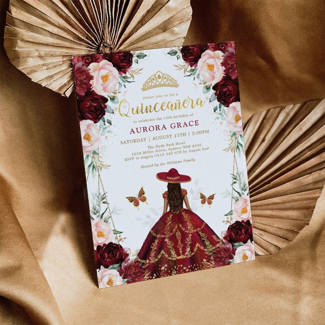 Burgundy  Quinceañera Charro Dress Mis Quince Inbjudningar (Skapare uppladdad)