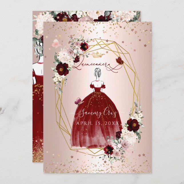 Burgundy Quinceanera H2 Flowers Dusty Ro  Inbjudningar (Fram/baksida)