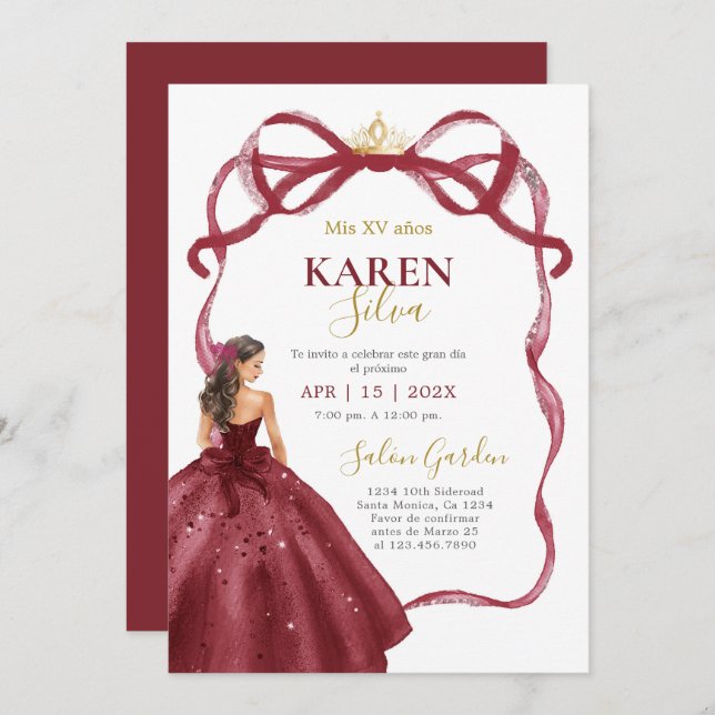 Burgundy Quinceanera Invitation Inbjudningar (Fram/baksida)