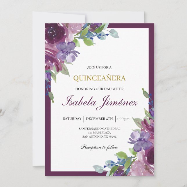 Burgundy quinceañera  invitation inbjudningar (Framsida)