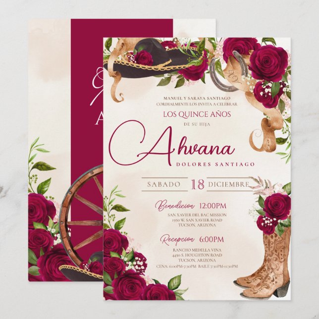 Burgundy Quinceanera Ro Vintage Charro Western Inbjudningar (Fram/baksida)