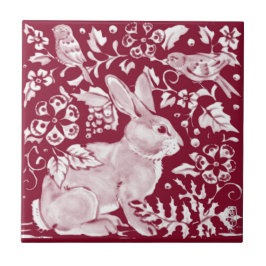 Burgundy Rabbit Bunny Birds Blommigt Dedham Delft Kakelplatta