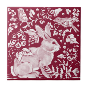 Burgundy Rabbit Bunny Birds Blommigt Dedham Delft Kakelplatta