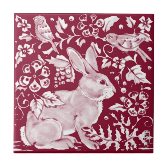 Burgundy Rabbit Bunny Birds Blommigt Dedham Delft Kakelplatta (Framsidan)