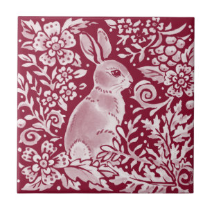 Burgundy Rabbit Bunny Woodland Blommigt Art Kakelplatta