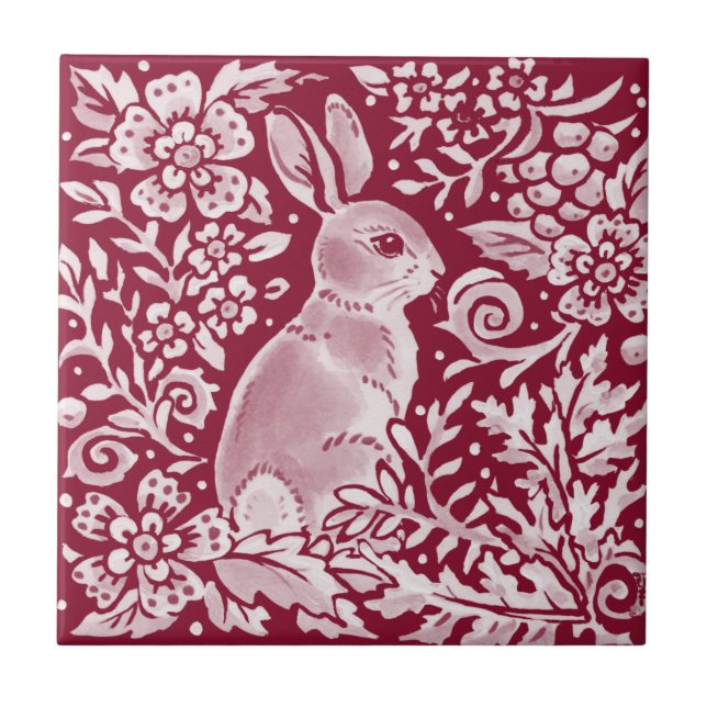 Burgundy Rabbit Bunny Woodland Blommigt Art Kakelplatta (Framsidan)
