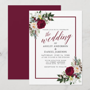Burgundy Ram Blommigt Greenery Calligraphy Bröllop Inbjudningar