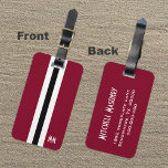 Burgundy Rand Monogram resagetagg för manar Bagagebricka<br><div class="desc">Den här moderna burgunistiska bagagetaggen har en svart rand i mitten med två vita ränder på båda sidor och ditt monogram längs grund. Baksidan av märkrn är burgundisk med vita bokstäver för ditt namn,  adress och mobila nummer. Copyright Kathy Henis</div>