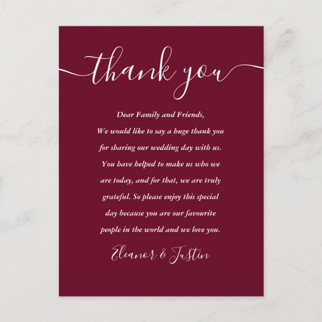 Burgundy Recept Script Tack Place Card Vykort (Framsida)