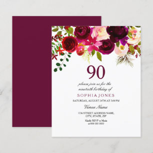 Burgundy Red 90:e Birthday-budgetinbjudan