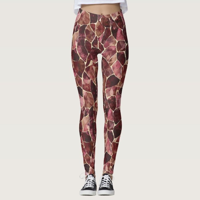 Burgundy Red Abstrakt Leggings (Framsida)