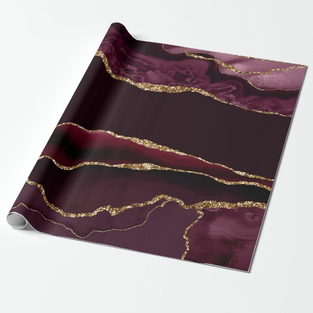 Burgundy Red Agate Faux Guld Glitter Presentpapper (Utrullad)