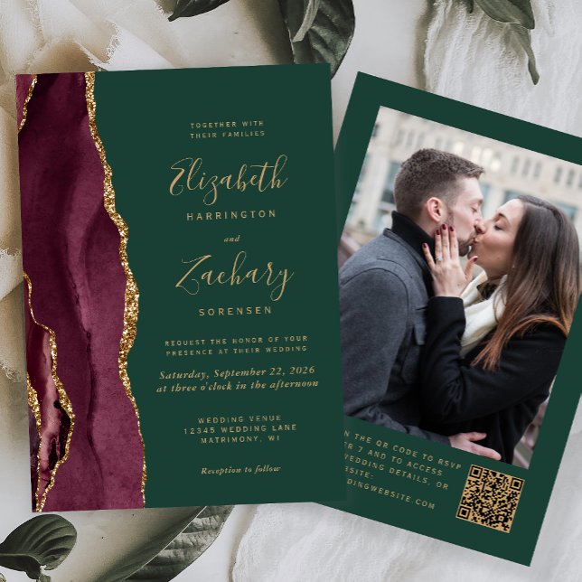 Burgundy Red Agate Green Photo QR Code Wedding Inbjudningar (Skapare uppladdad)