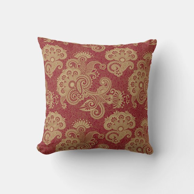 Burgundy Red and Beige Blommigt Swirls design Kudde (Framsida)