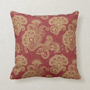 Burgundy Red and Beige Blommigt Swirls design Kudde
