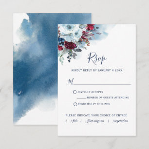 Burgundy Red and Blue Blommigt and Watercolor OSA Kort