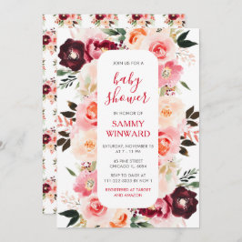 Burgundy Red and Blush Pink Floral Baby Shower Inbjudningar