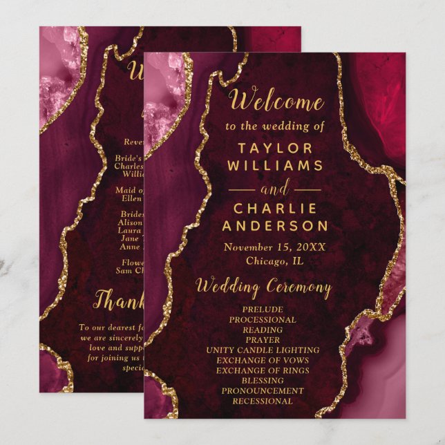 Burgundy Red and Gold Agate Wedding Program (Fram/baksida)