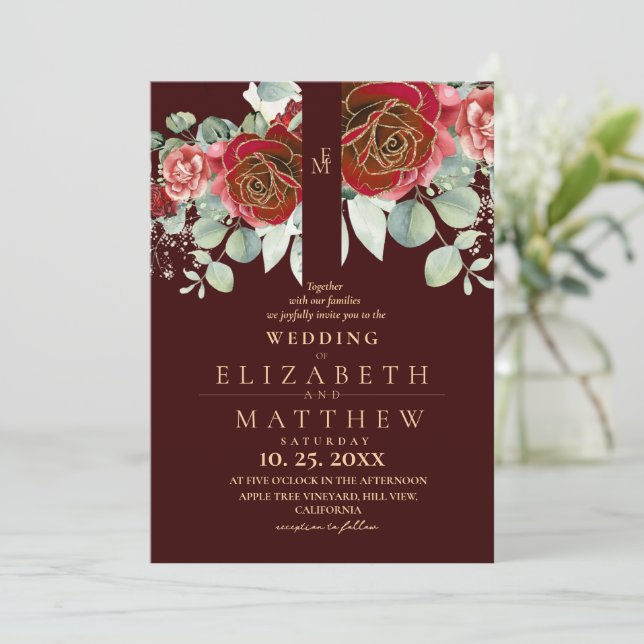 Burgundy Red and Gold Floral Modern Boho Wedding Inbjudningar (Stående Fram)
