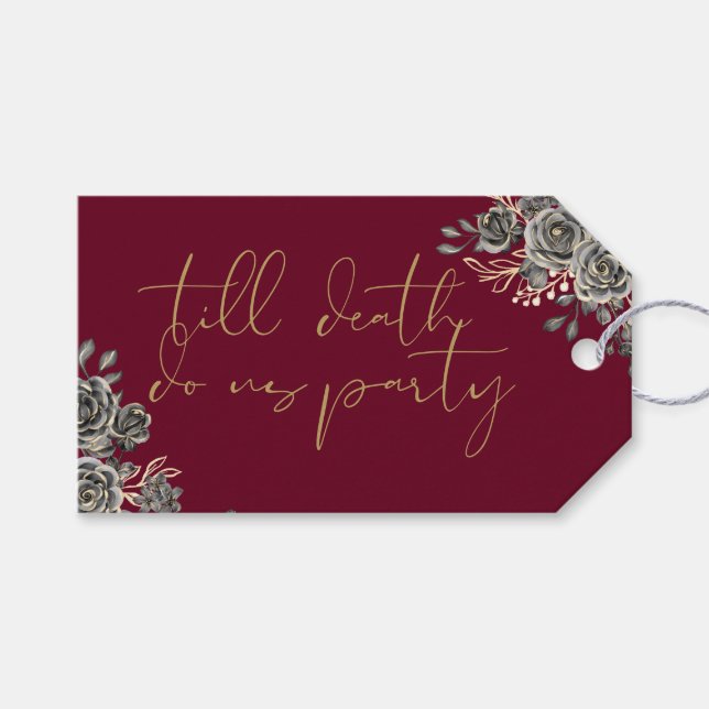 Burgundy Red and Guld Blommigt Gothic Wedding Favo Presentetikett (Framsidan (Horisontell))