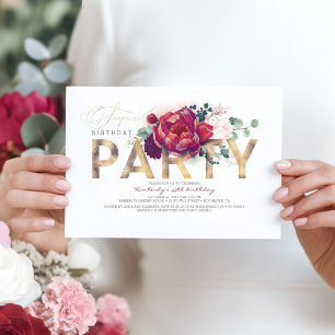 Burgundy Red and Guld Blommigt Type Surprise Party Inbjudningar