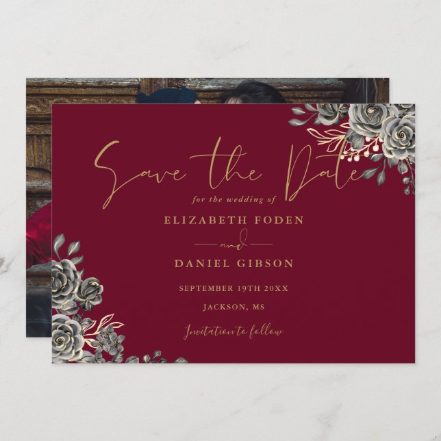 Burgundy Red and Guld gotiic Blommigt Photo Bröllo Spara Datumet (Fram/baksida)