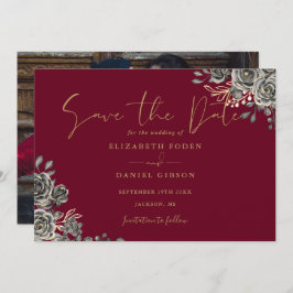 Burgundy Red and Guld gotiic Blommigt Photo Bröllo Spara Datumet