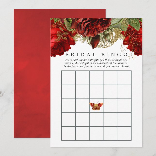 Burgundy Red and Guld Vintage Möhippa Bingo Inbjudningar (Fram/baksida)