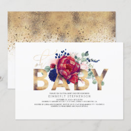Burgundy Red and Navy Blue Blommigt Baby Shower Inbjudningar
