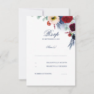 Burgundy Red and Navy Blue Blommigt Bröllop OSA Kort