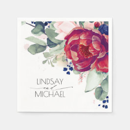 Burgundy Red and Navy Blue Blommigt Elegant Pappersservett