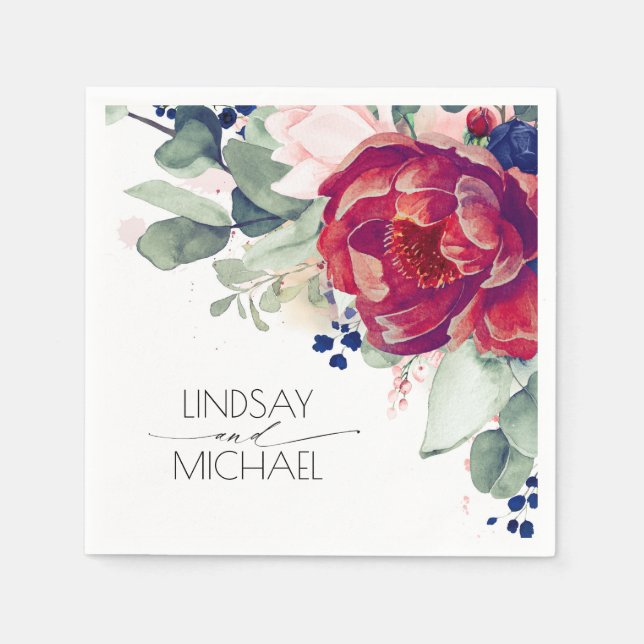 Burgundy Red and Navy Blue Blommigt Elegant Pappersservett (Framsidan)