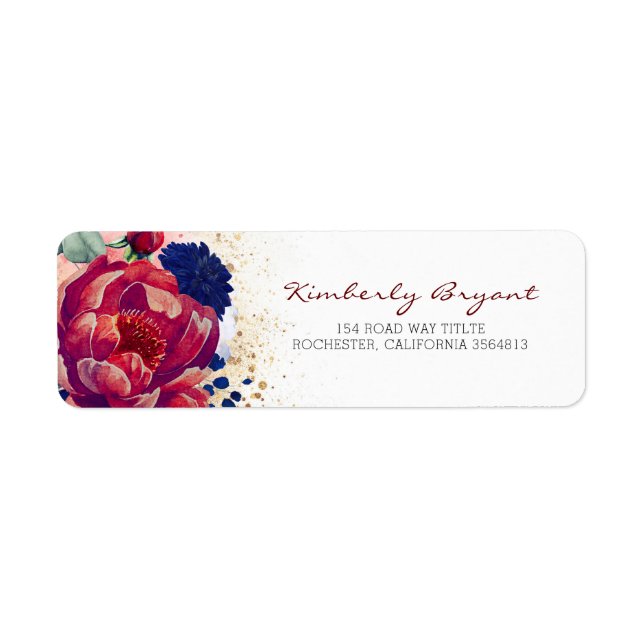 Burgundy Red and Navy Blue Blommigt Returadress Etikett (Framsidan)