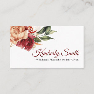 Burgundy Red and Orange Blommigt Elegant Botanical Visitkort