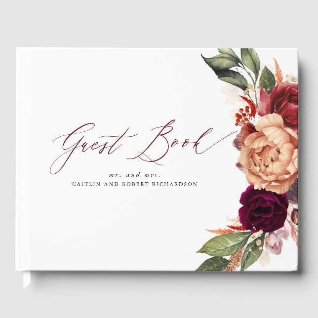 Burgundy Red and Orange Blommigt Fall Wedding Gästböcker (Framsida)