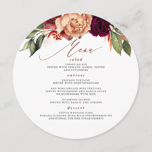 Burgundy Red and Orange Flowers Fall Wedding Menu Program (Framsida)