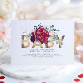 Burgundy Red and  Rosa Blommigt Baby Shower Inbjudningar