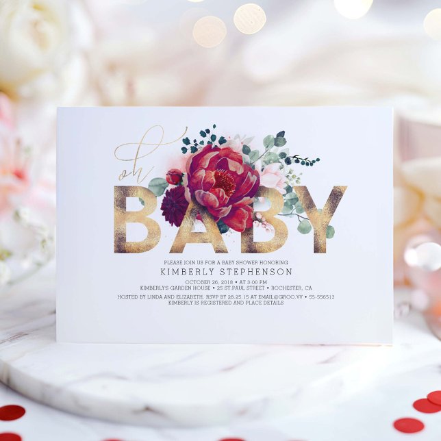 Burgundy Red and  Rosa Blommigt Baby Shower Inbjudningar (Floral Baby Shower Invitations)