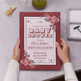 Burgundy Red and  Rosa Blommigt Baby Shower Inbjudningar