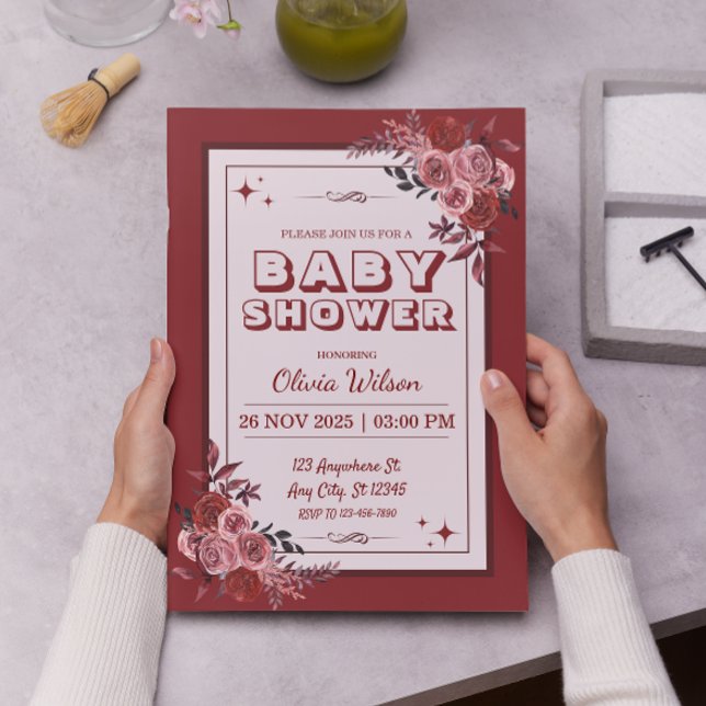 Burgundy Red and  Rosa Blommigt Baby Shower Inbjudningar (Skapare uppladdad)