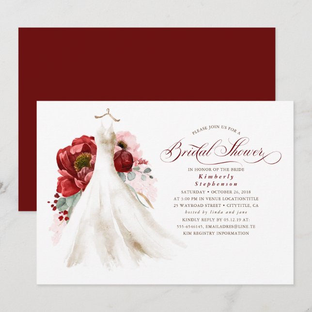 Burgundy Red and Rosa Blommigt Dress Möhippa Inbjudningar (Fram/baksida)