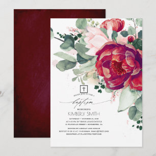 Burgundy Red and  Rosa Blommigt Elegant Baptism Inbjudningar