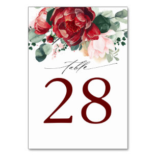 Burgundy Red and Rosa Bröllop Bordsnummer Cards