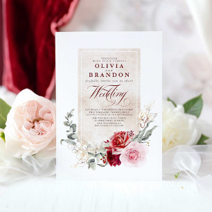 Burgundy Red and Rosa Flowers Elegant bröllop Inbjudningar