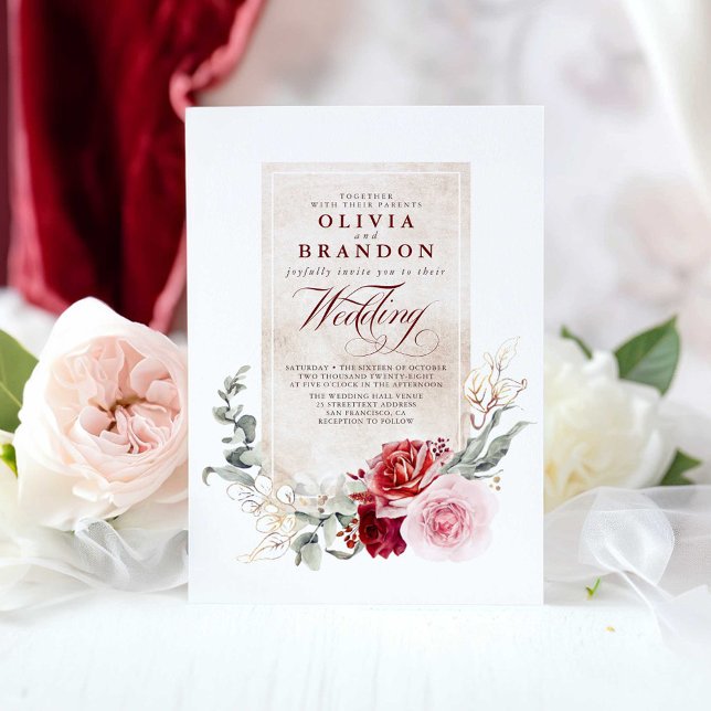 Burgundy Red and Rosa Flowers Elegant bröllop Inbjudningar (Burgundy red and pink floral chic wedding invitation)