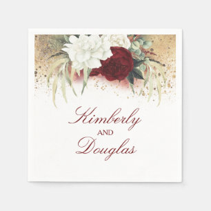 Burgundy Red and White Blommigt Bröllop Pappersservett
