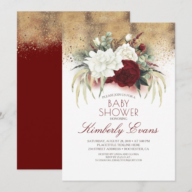 Burgundy Red and White Blommigt Elegant Baby Showe Inbjudningar (Fram/baksida)