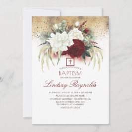 Burgundy Red and White Blommigt Elegant Baptism Inbjudningar
