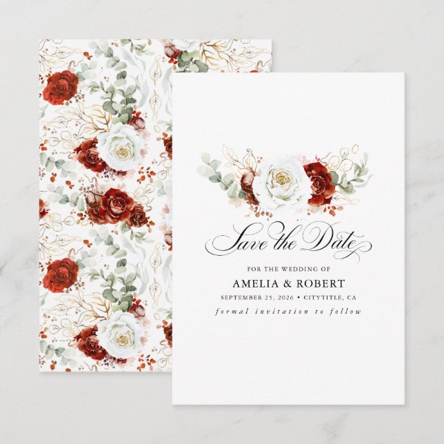 Burgundy Red and White Chic Floral Save the Date Spara Datumet (Fram/baksida)