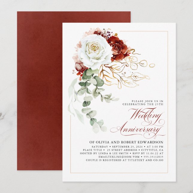 Burgundy Red and White Floral Wedding Anniversary Inbjudningar (Fram/baksida)